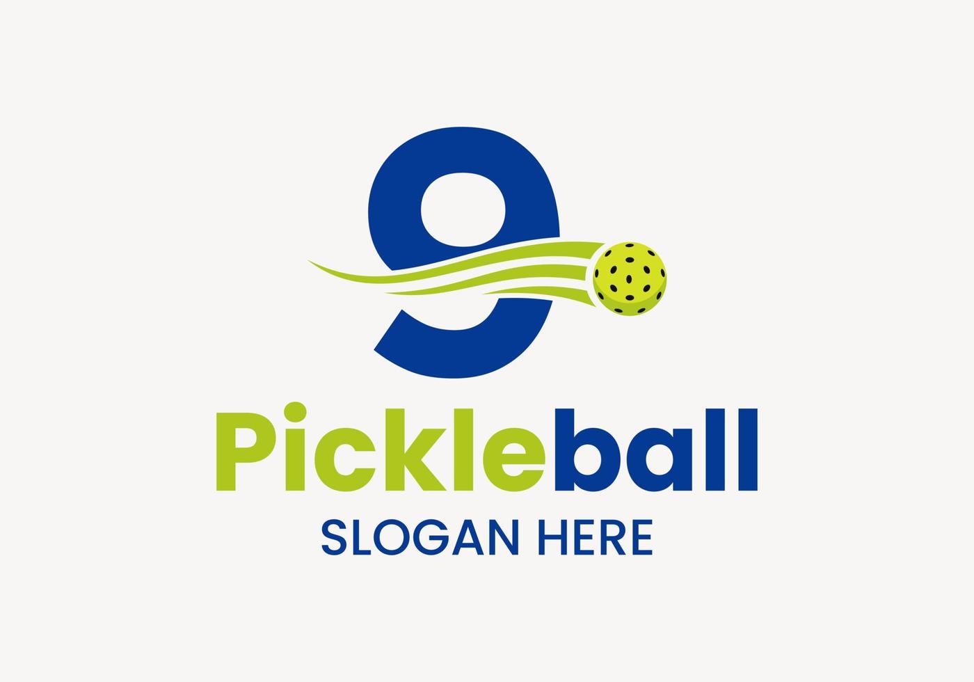 Buchstabe 9 Pickleball-Logo-Konzept mit beweglichem Pickleball-Symbol. Pickle-Ball-Logo-Vektorvorlage vektor