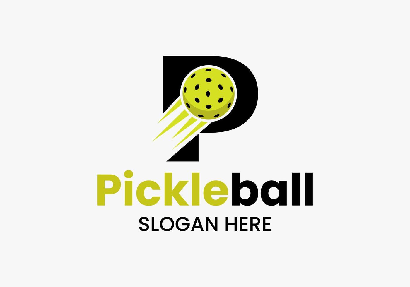 Buchstabe p Pickleball-Logo-Konzept mit beweglichem Pickleball-Symbol. Pickle-Ball-Logo-Vektorvorlage vektor