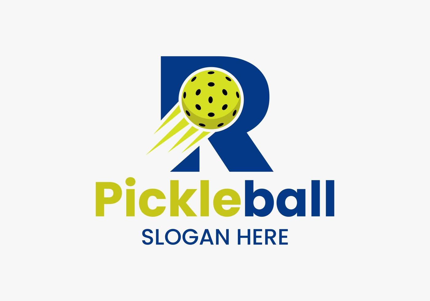 Buchstabe r Pickleball-Logo-Konzept mit beweglichem Pickle-Ball-Symbol. Pickle-Ball-Logo-Vektorvorlage vektor