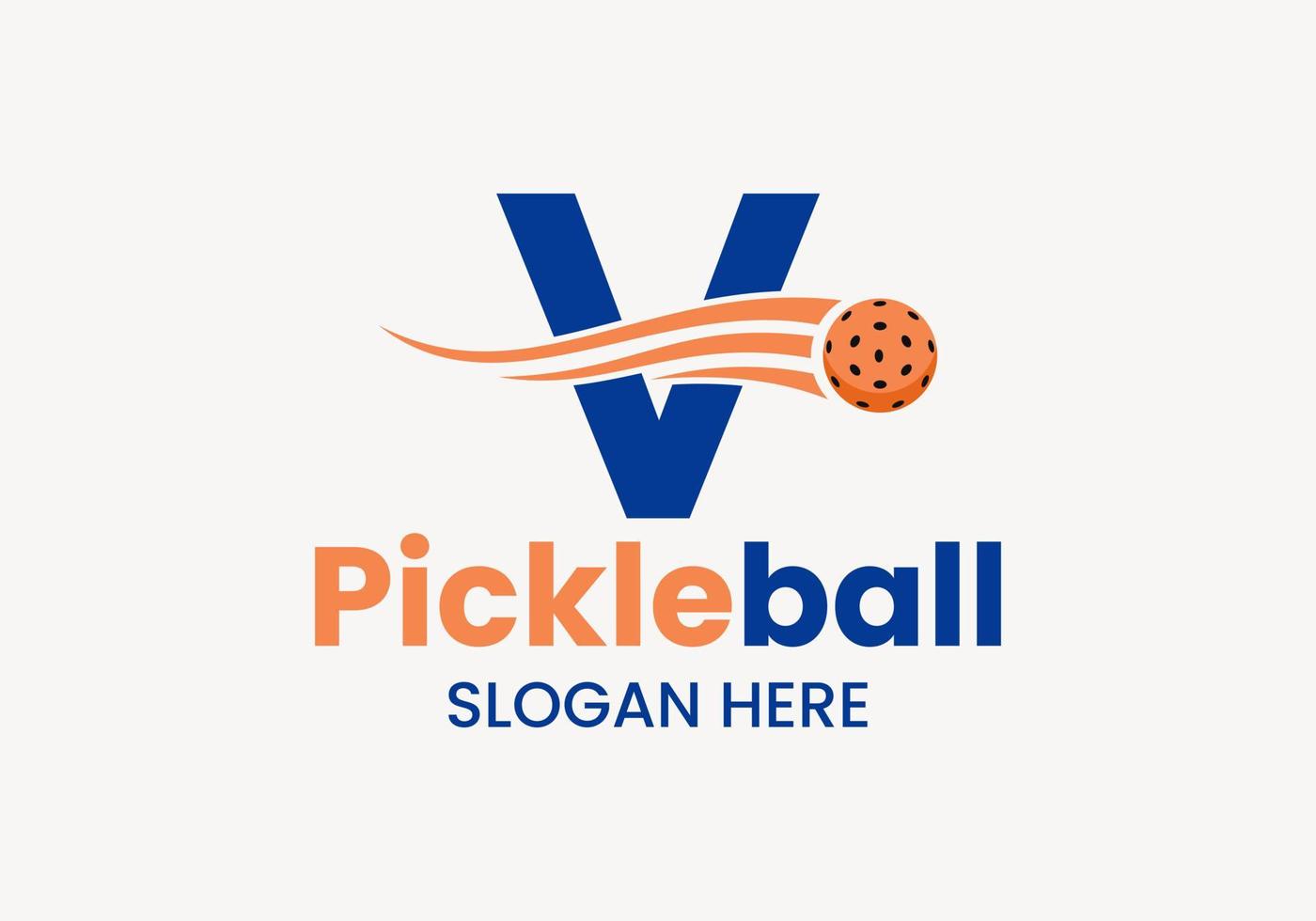 Buchstabe v Pickleball-Logo-Konzept mit beweglichem Pickleball-Symbol. Pickle-Ball-Logo-Vektorvorlage vektor