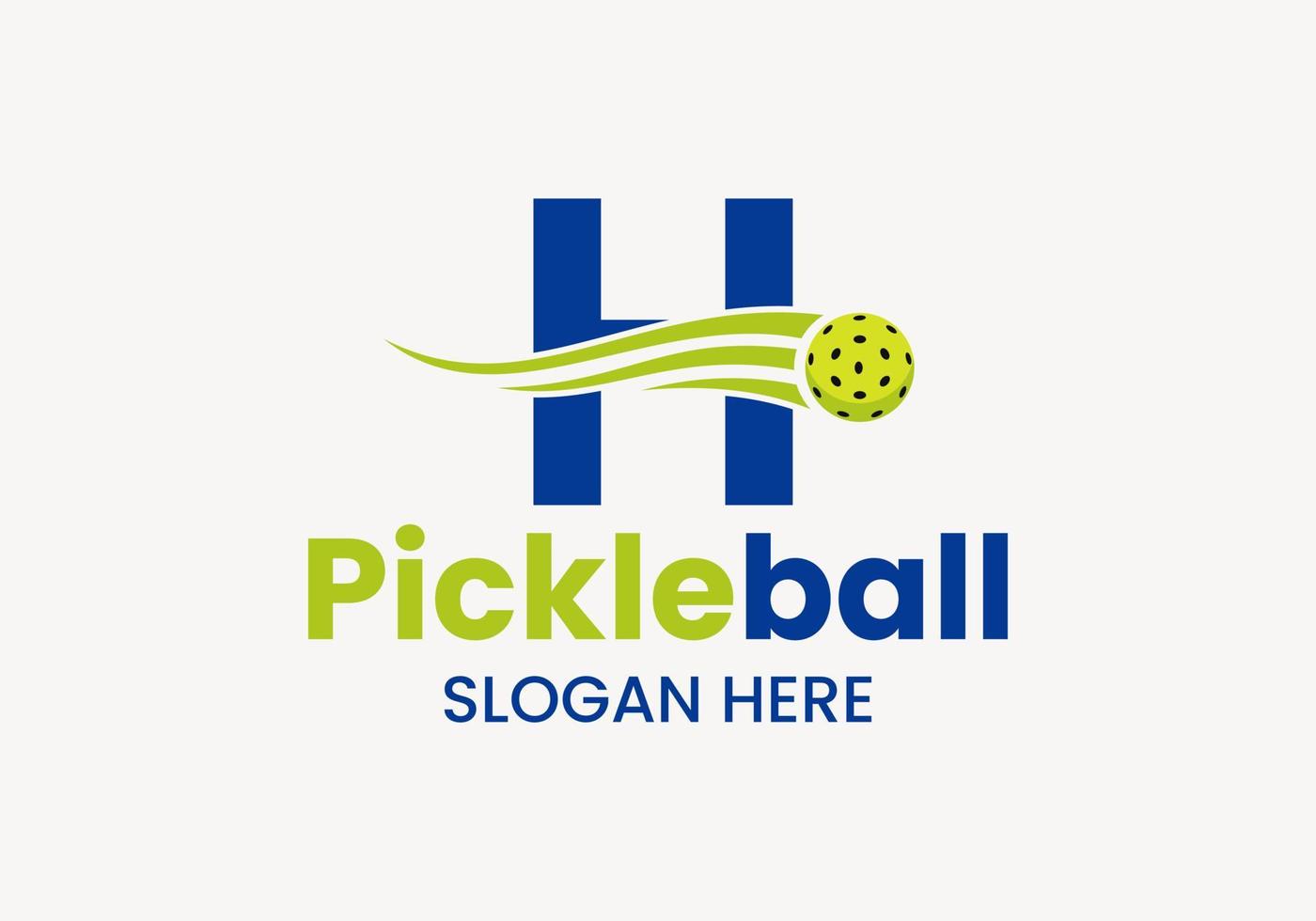 Buchstabe h Pickleball-Logo-Konzept mit beweglichem Pickleball-Symbol. Pickle-Ball-Logo-Vektorvorlage vektor