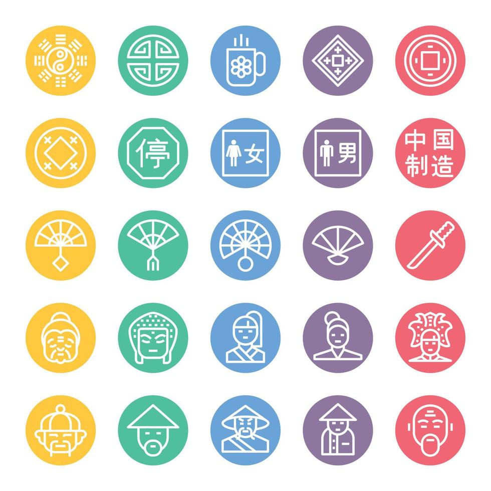 cirkel Färg översikt ikoner för kinesisk kultur. vektor