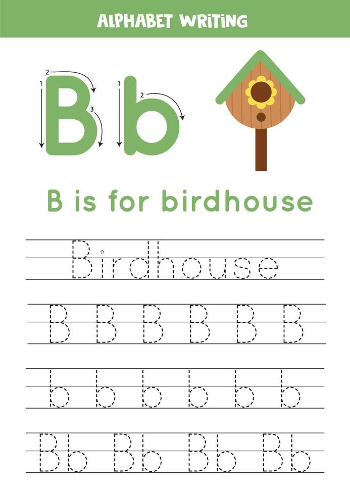 inlärning till skriva brev för förskola ungar. b är för fågel hus. vektor