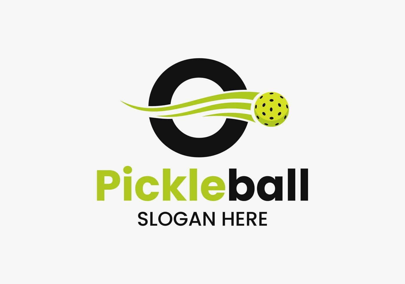 Buchstabe o Pickleball-Logo-Konzept mit beweglichem Pickleball-Symbol. Pickle-Ball-Logo-Vektorvorlage vektor