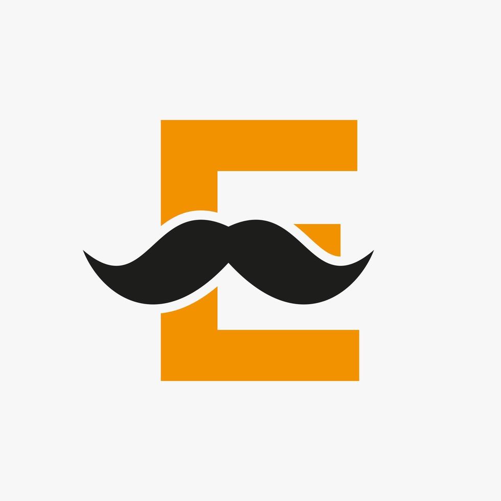 brev e frisör logotyp design. hårstylist logotyp för mustasch stil och mode symbol vektor