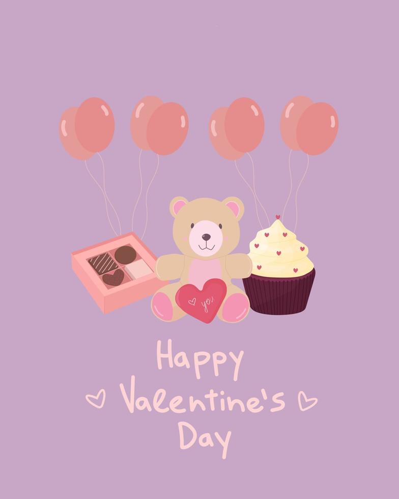 Vektor-Valentinstag-Grußkarte. teddybär-, schokoladen- und cupcakeillustration vektor