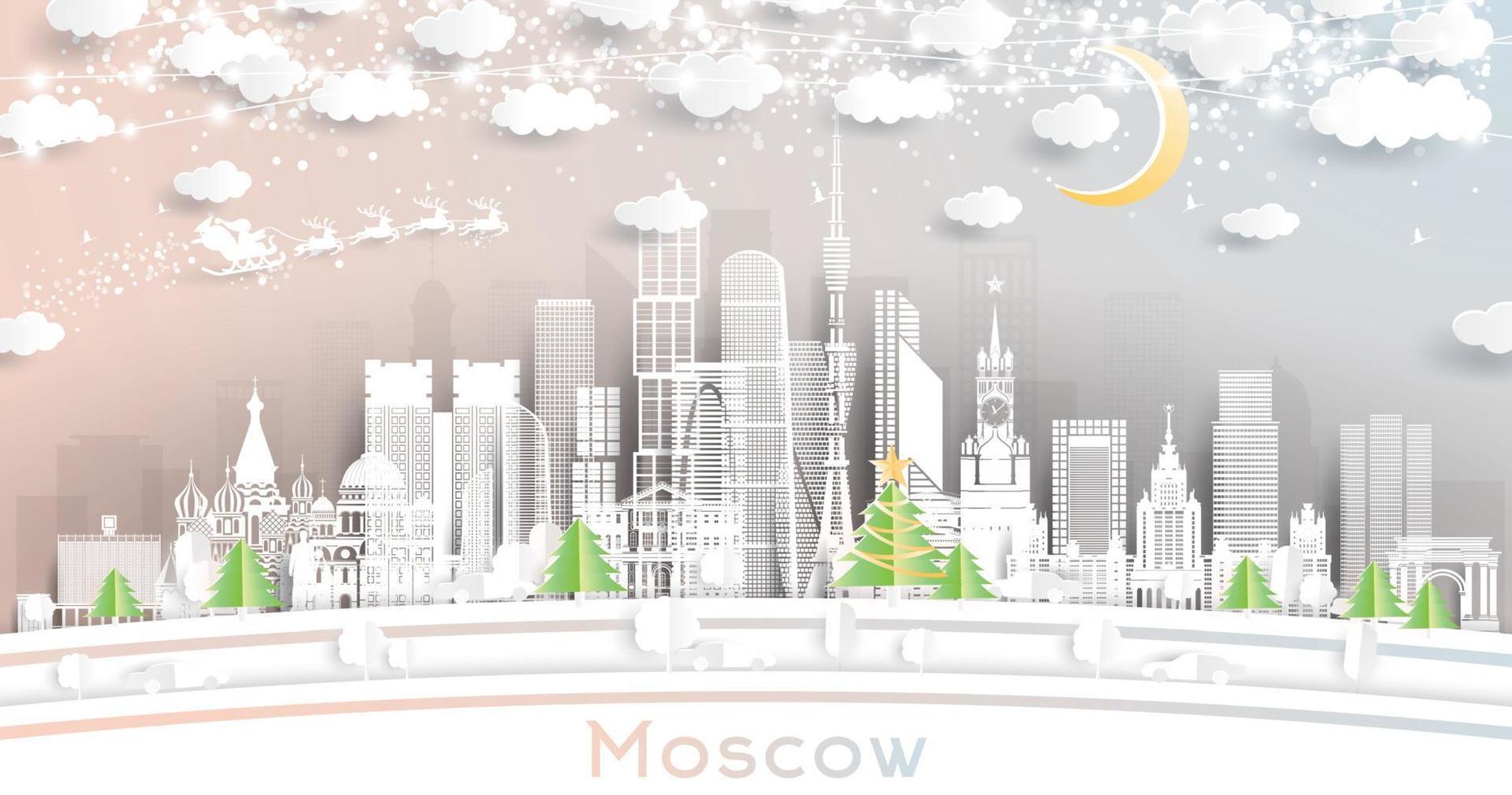 moskva ryssland stad horisont i papper skära stil med snöflingor, måne och neon krans. vektor
