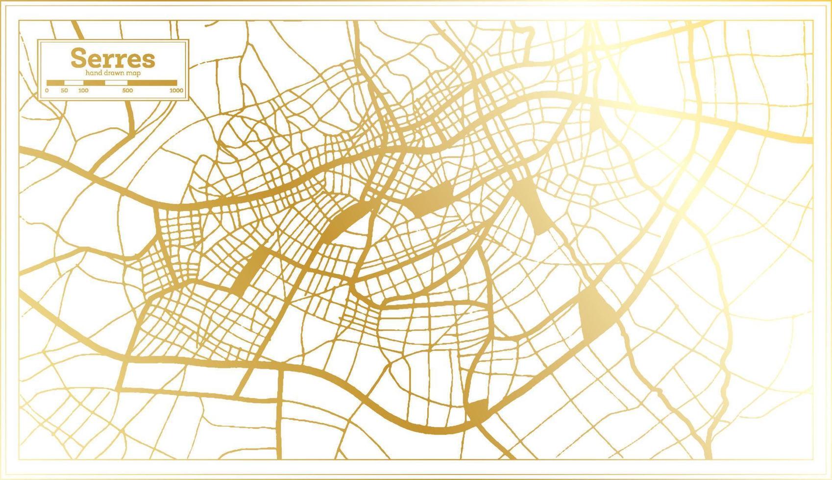 serres grekland stad Karta i retro stil i gyllene Färg. översikt Karta. vektor