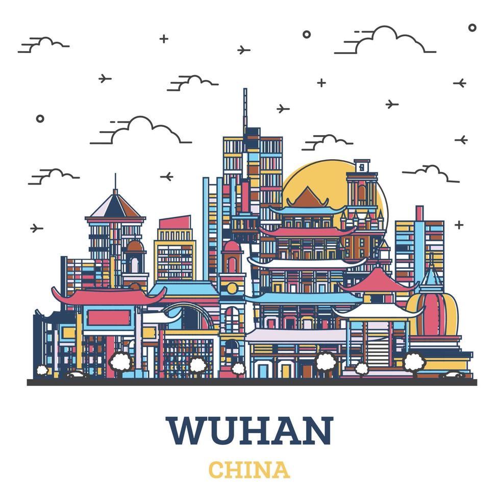 skizzieren sie die skyline der stadt wuhan china mit farbigen historischen gebäuden, die auf weiß isoliert sind. vektor