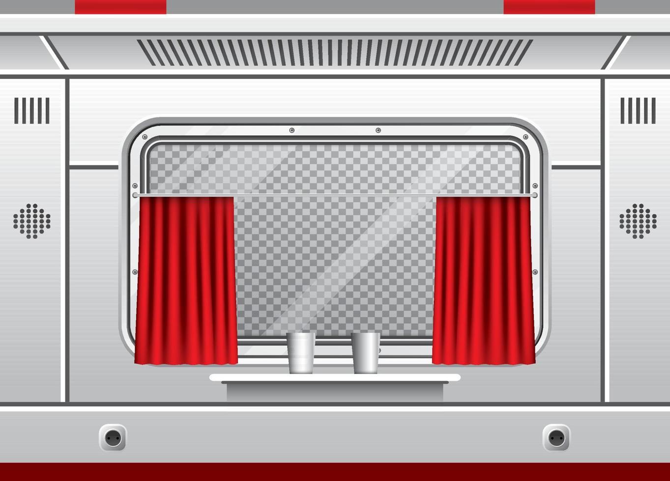 tåg vagn interiör med fönster och röd ridå. tåg resa. bekväm resa. vektor