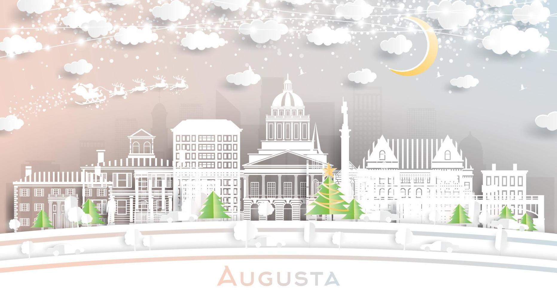 augusta maine city skyline im papierschnittstil mit schneeflocken, mond und neongirlande. vektor