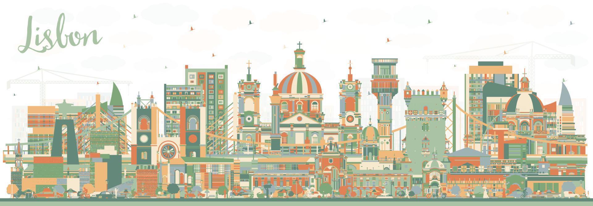 lissabon portugal stad horisont med Färg byggnader. vektor