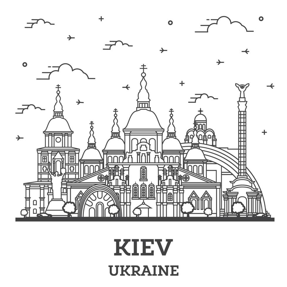 översikt kiev ukraina stad horisont med historisk byggnader isolerat på vit. vektor