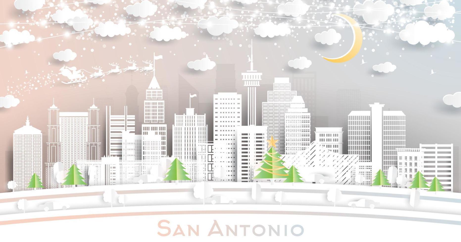 san antonio texas city skyline im papierschnittstil mit schneeflocken, mond und neongirlande. vektor