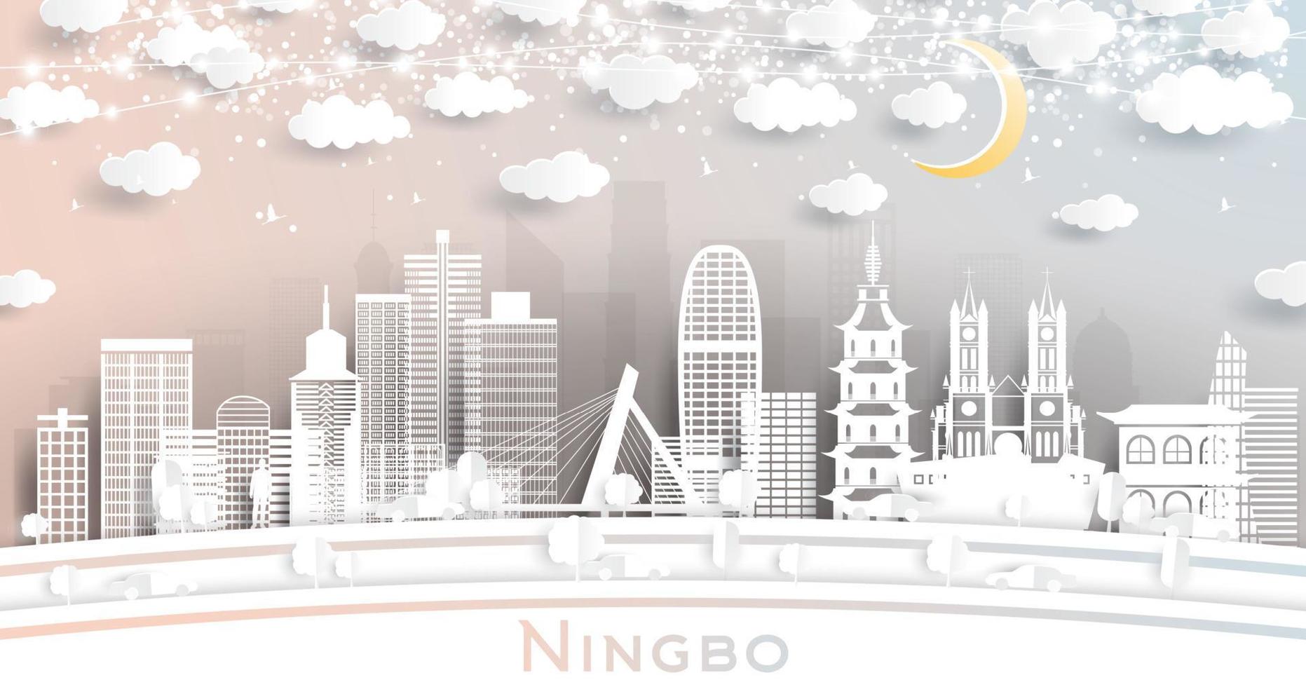 ningbo china city skyline im papierschnittstil mit weißen gebäuden, mond und neongirlande. vektor