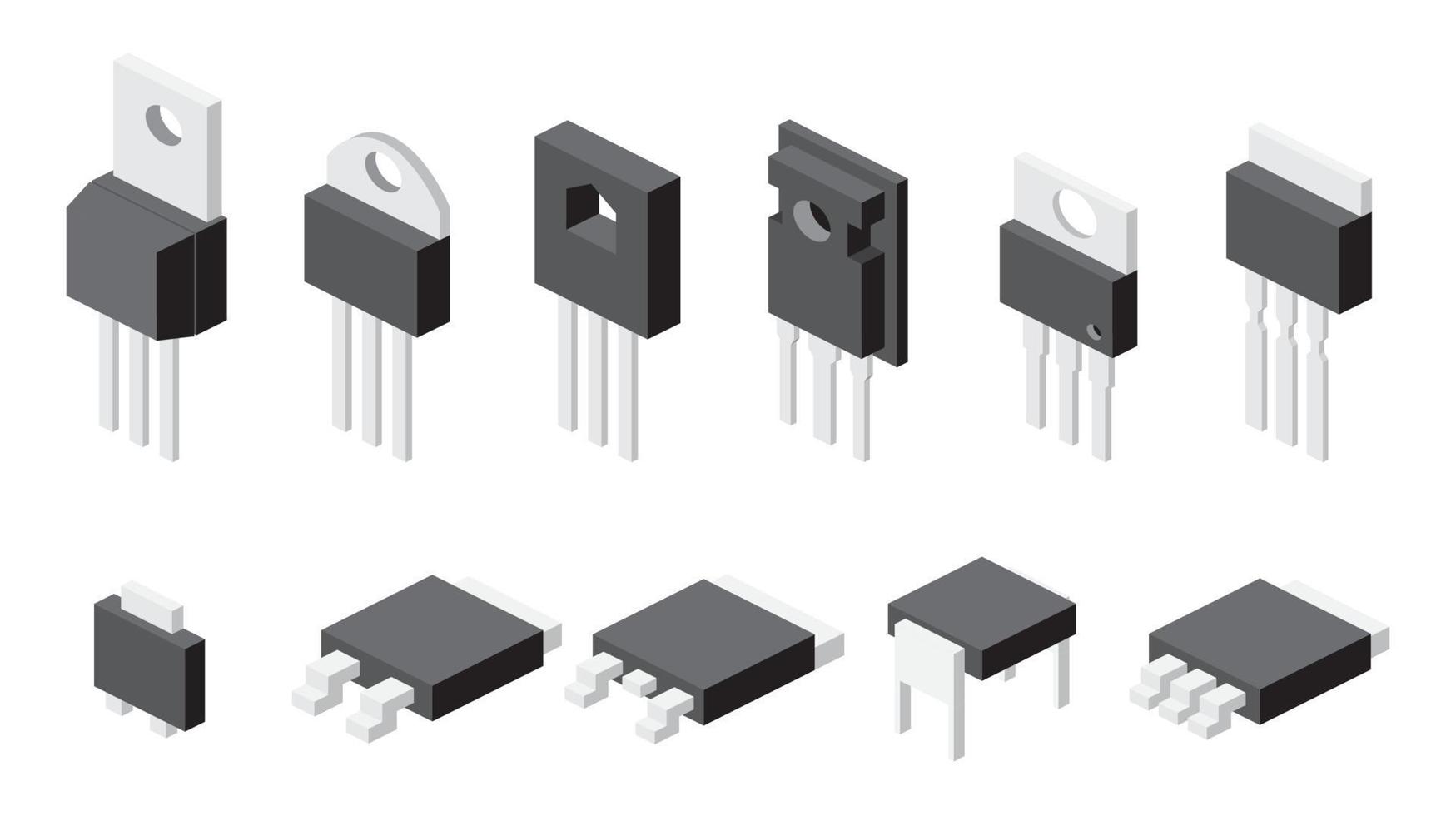 Transistoren-Set isoliert auf weißem Hintergrund. isometrische elektronische komponenten. Symbole gesetzt. vektor