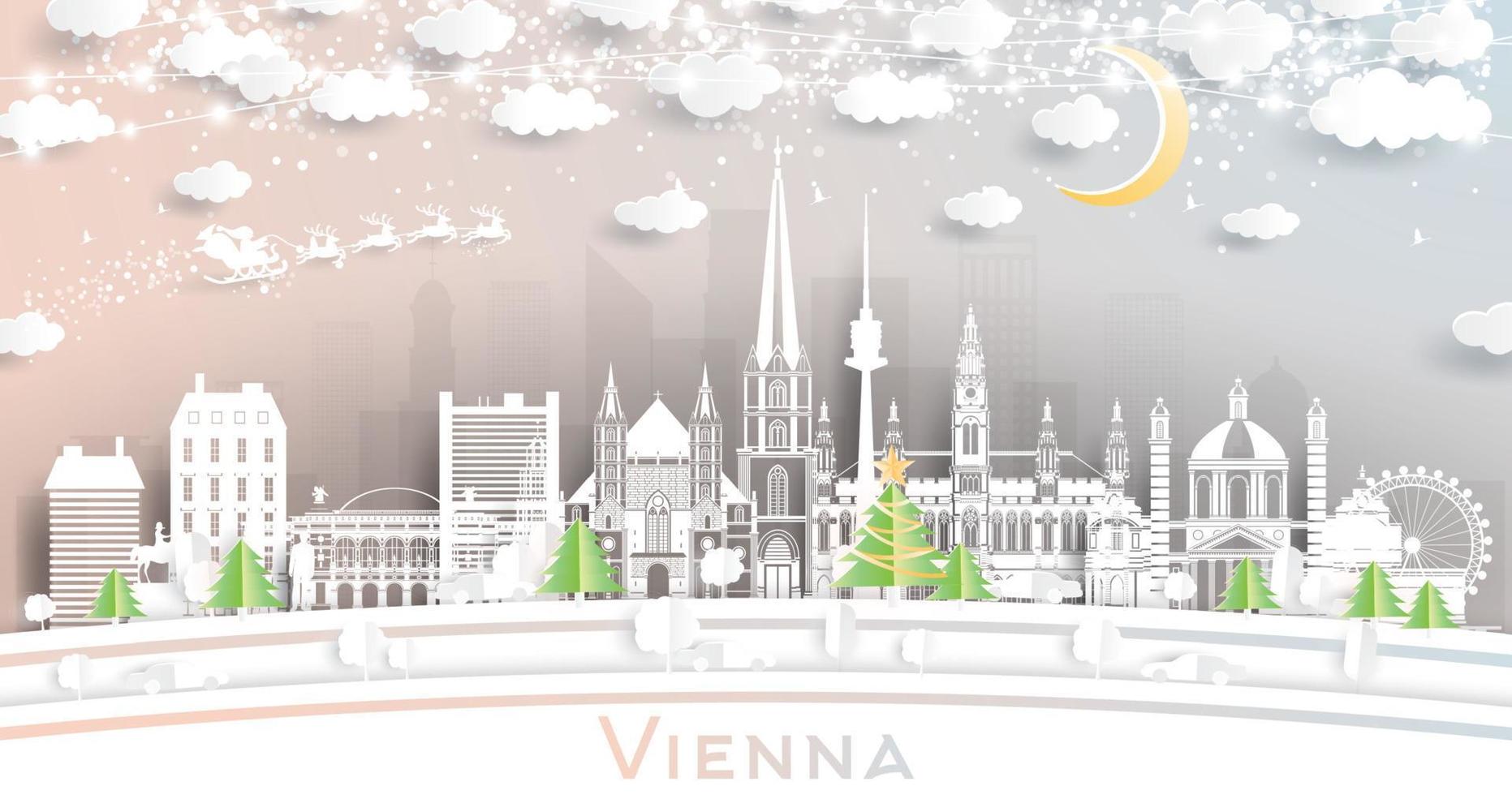 wien österreich stadtskyline im papierschnittstil mit schneeflocken, mond und neongirlande. vektor