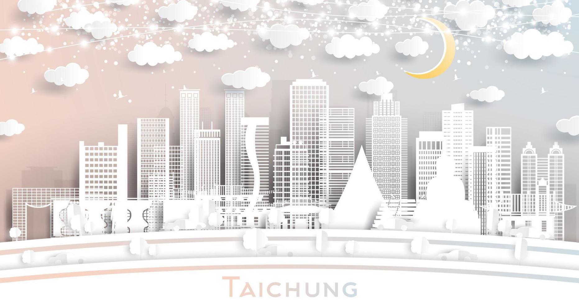 taichung taiwan city skyline im papierschnittstil mit weißen gebäuden, mond und neongirlande. vektor