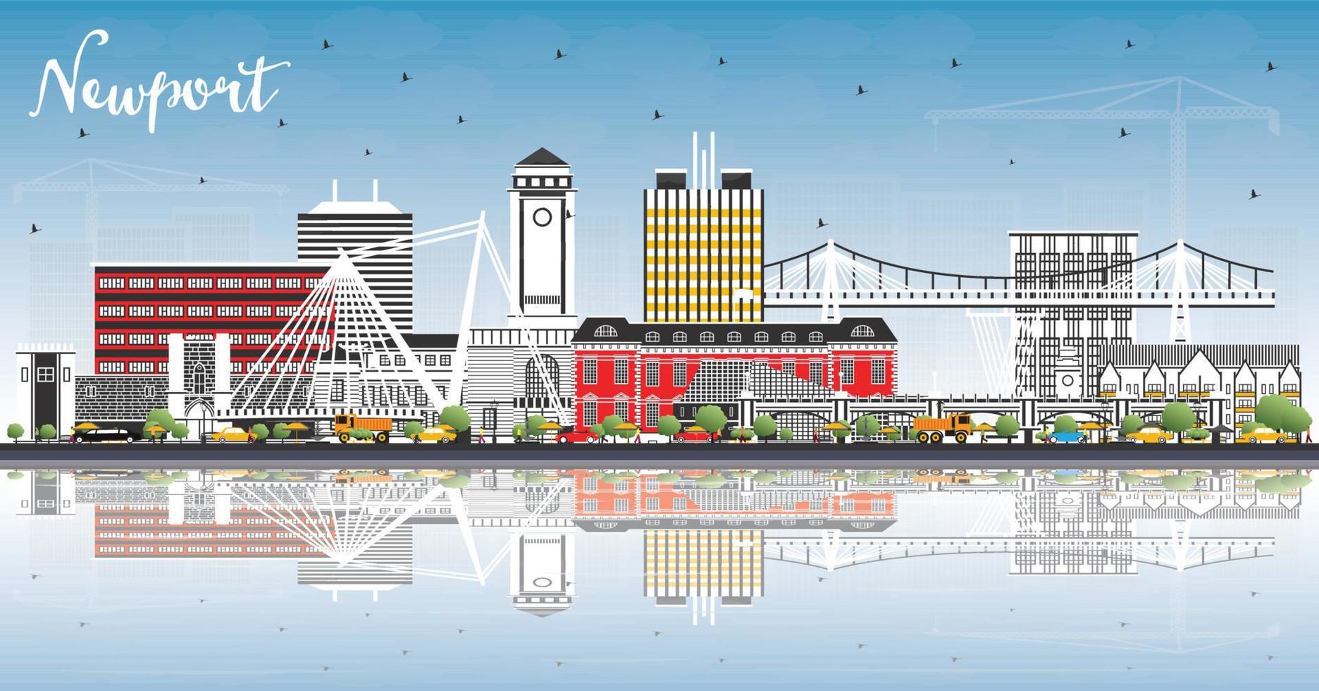 newport wales stad horisont med Färg byggnader, blå himmel och reflektioner. vektor