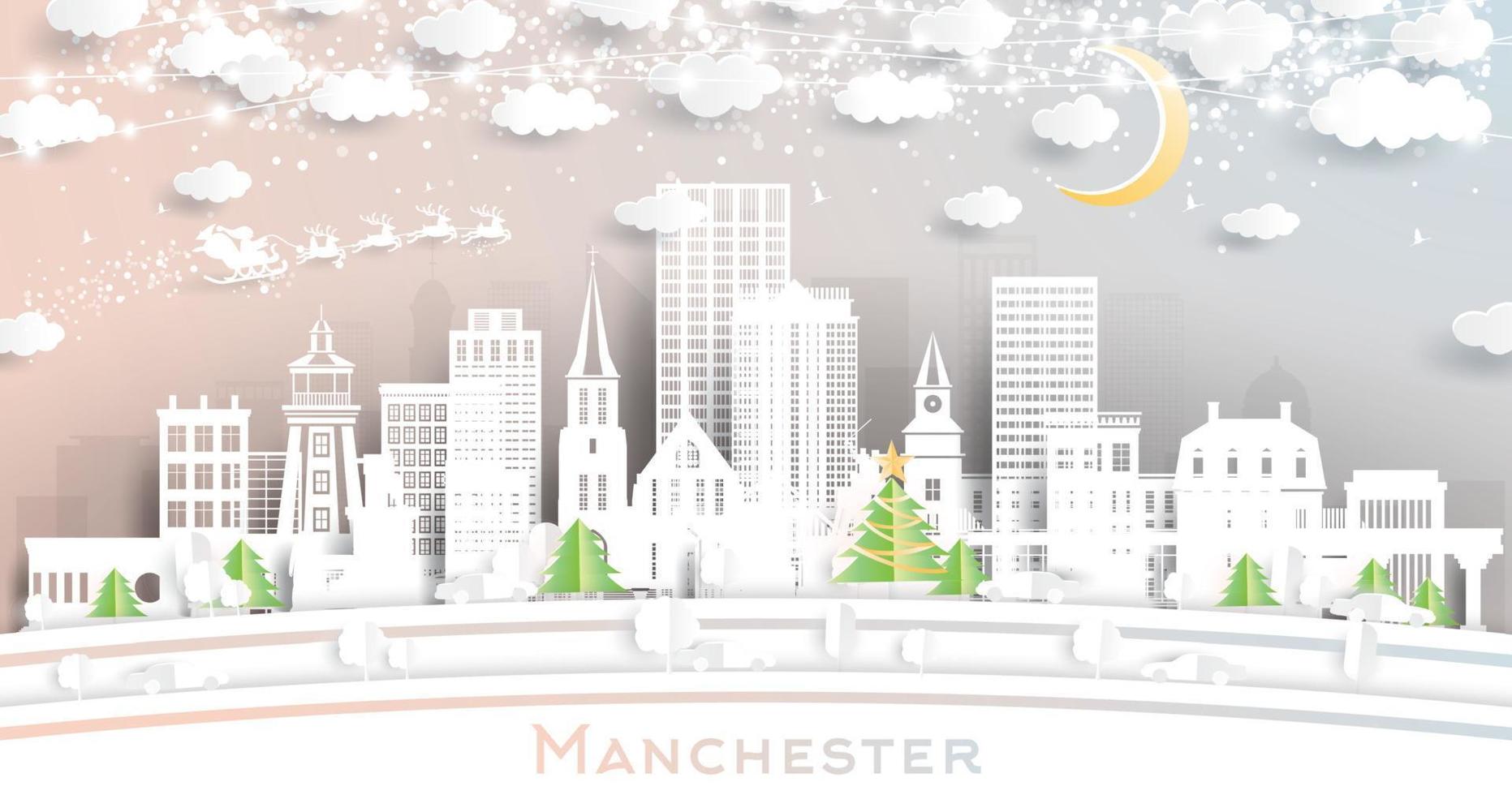 manchester new hampshire. winterliche stadtskyline im papierschnittstil mit schneeflocken, mond und neongirlande. vektor