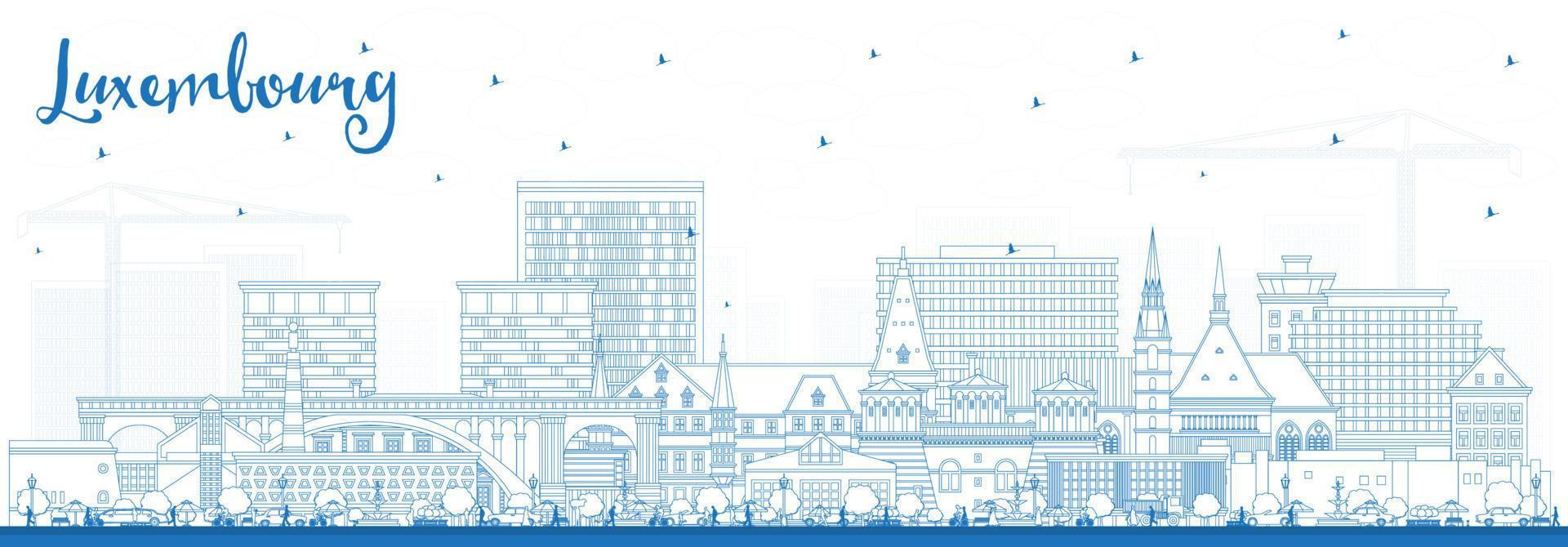 skizzieren Sie die Skyline der Stadt Luxemburg mit blauen Gebäuden. vektor