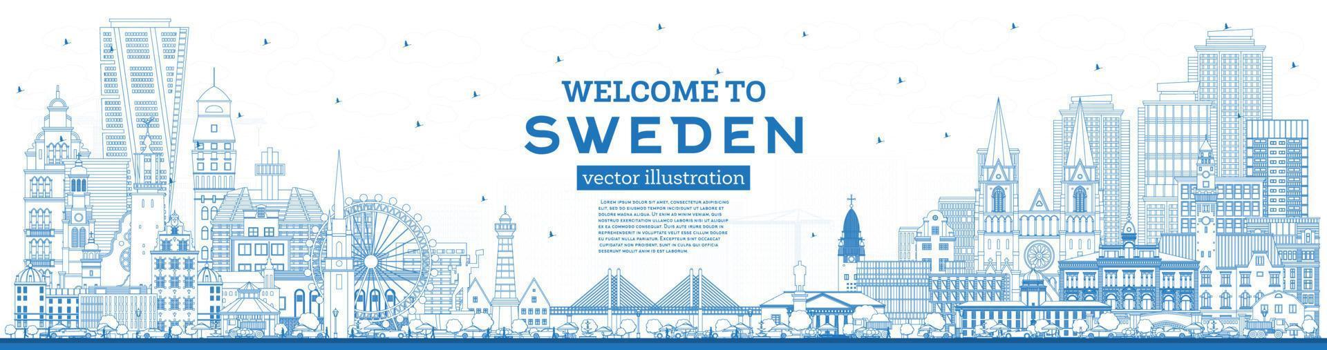 Välkommen till Sverige. översikt stad horisont med blå byggnader. vektor