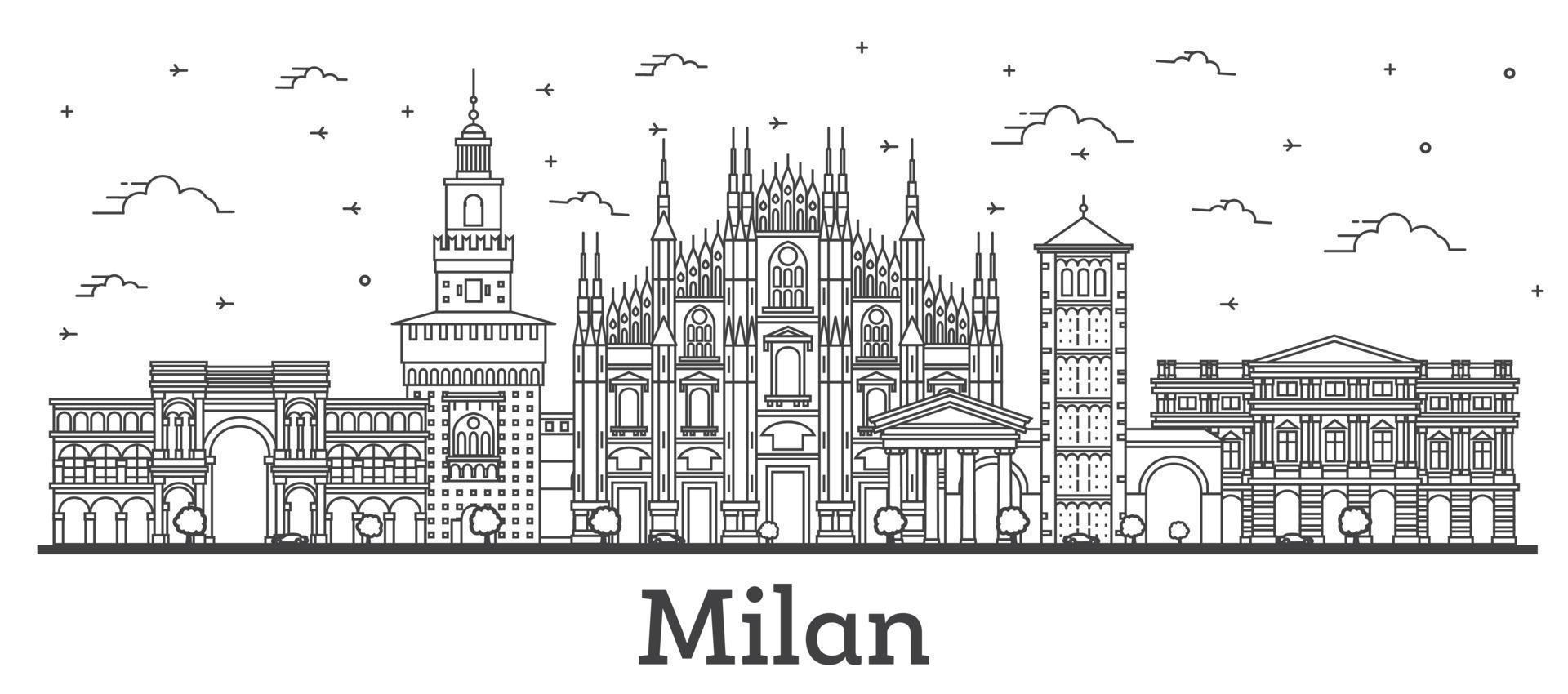 översikt milan Italien stad horisont med historisk byggnader isolerat på vit. vektor