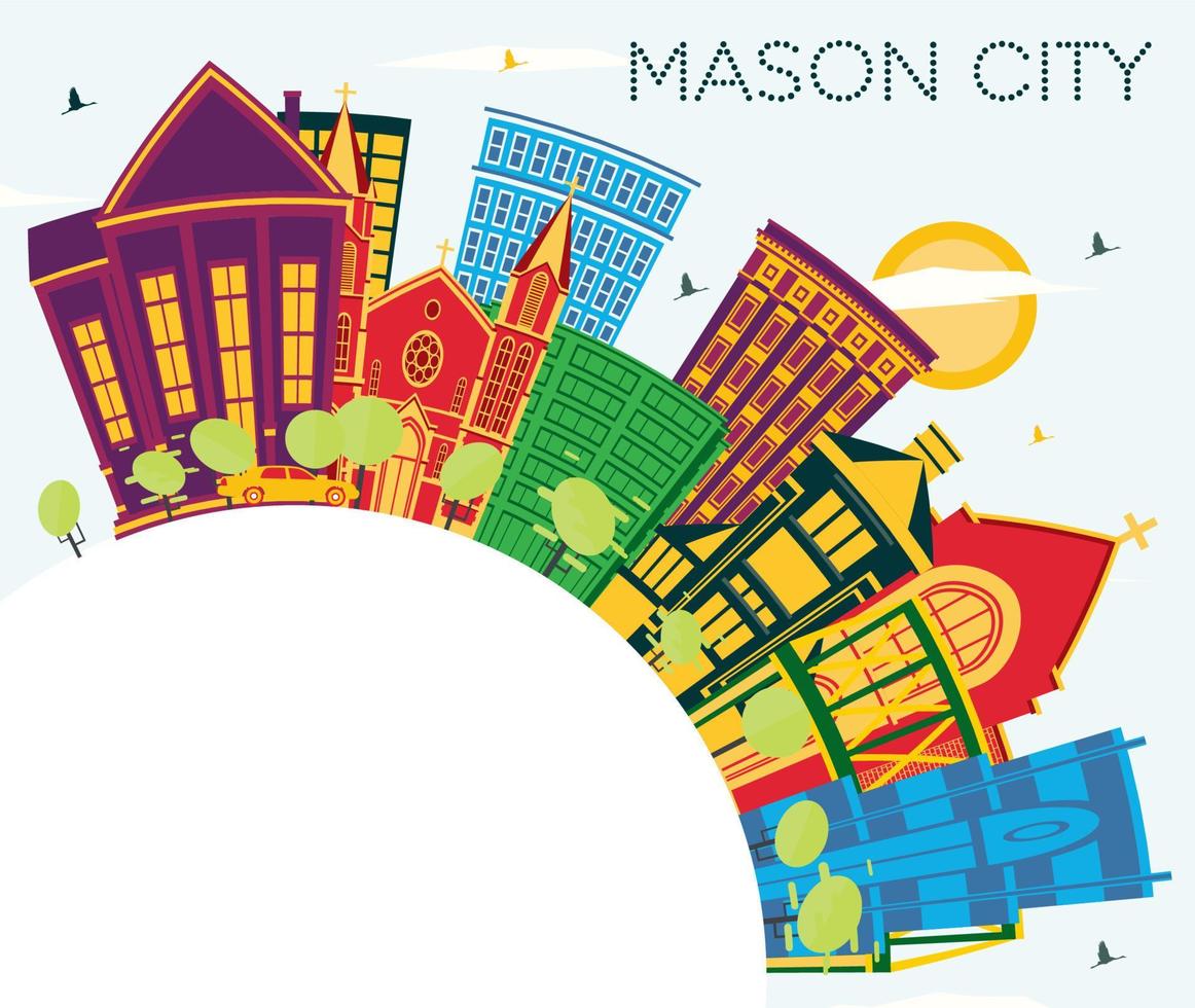 mason city iowa skyline mit farbigen gebäuden, blauem himmel und kopierraum. vektor