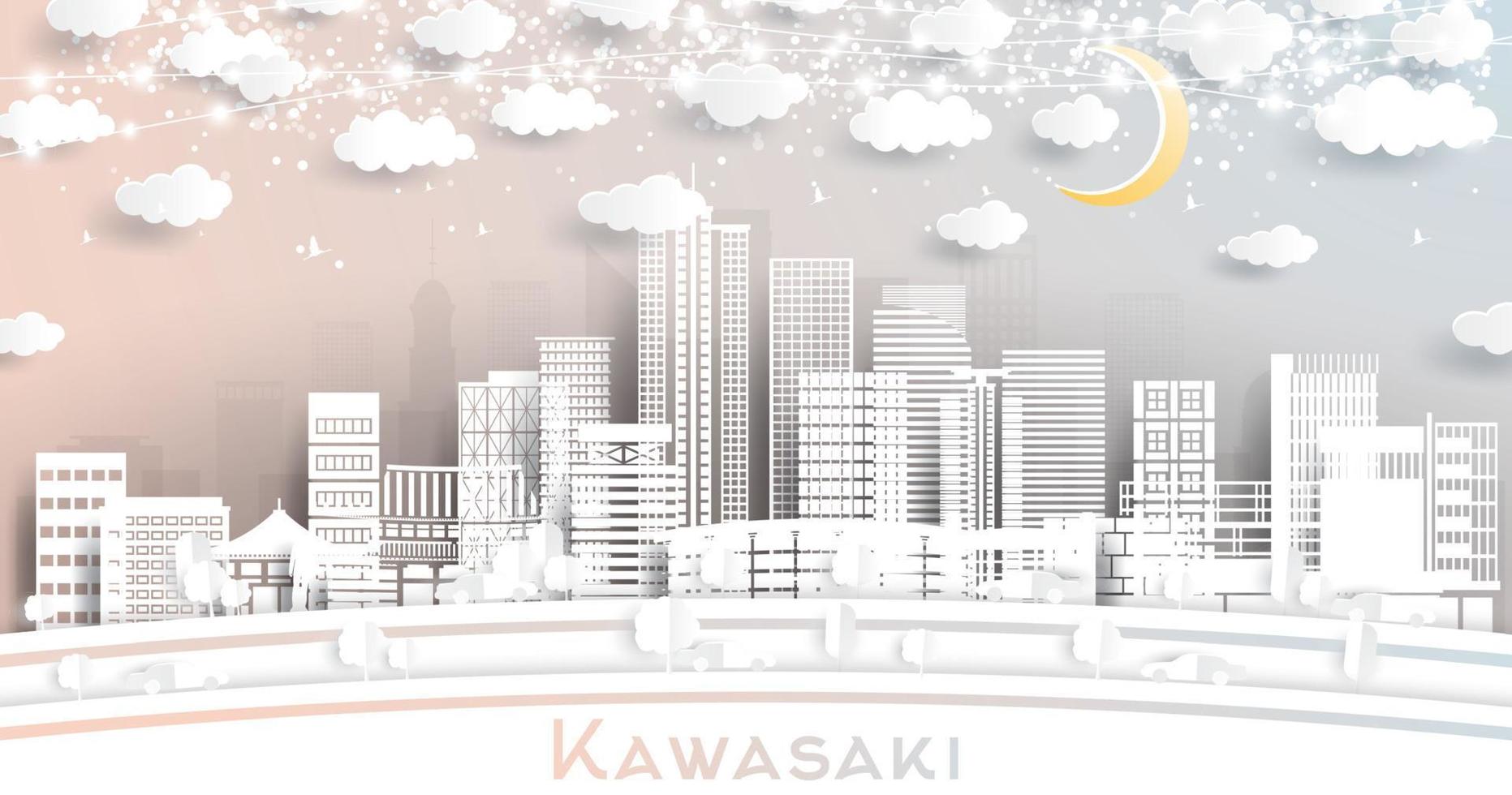 kawasaki japan city skyline im papierschnittstil mit weißen gebäuden, mond und neongirlande. vektor