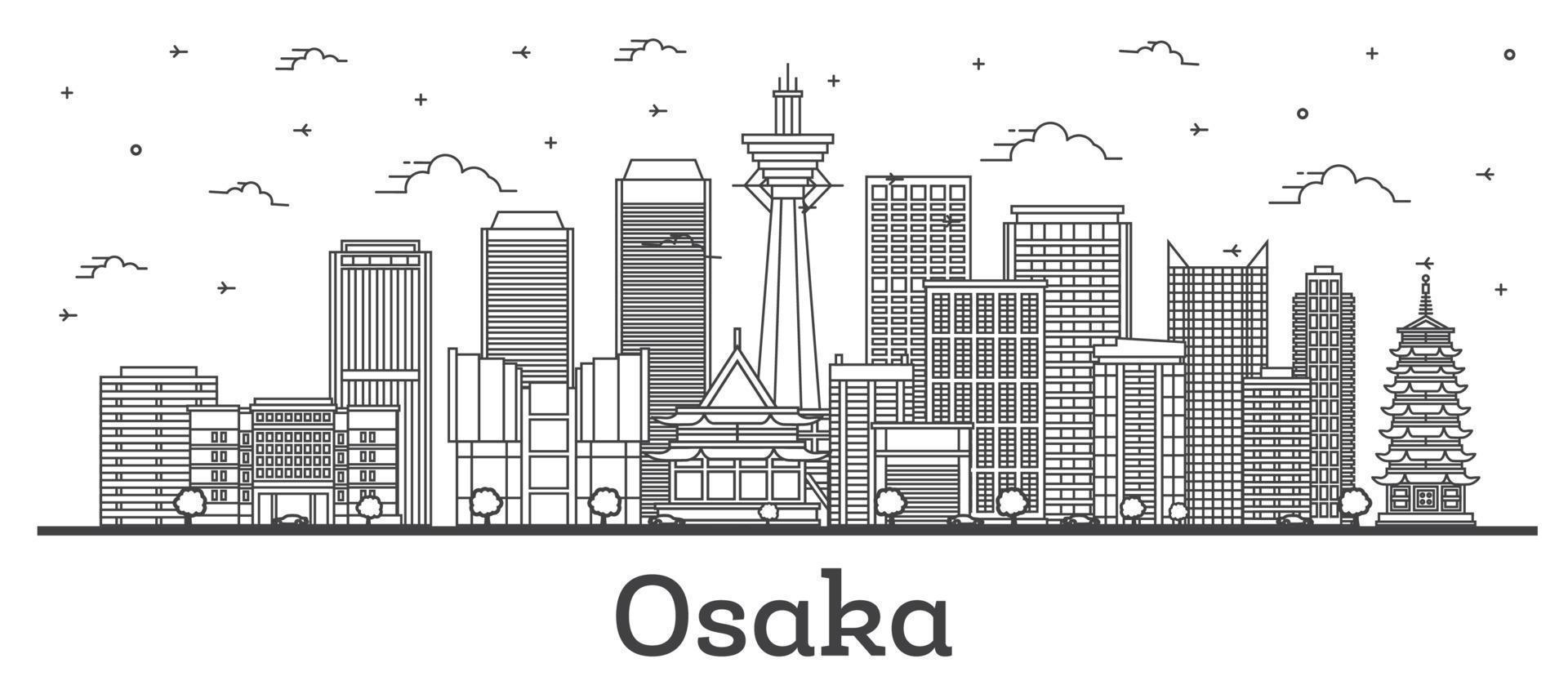 skizzieren sie die skyline der stadt osaka japan mit modernen gebäuden, die auf weiß isoliert sind. vektor