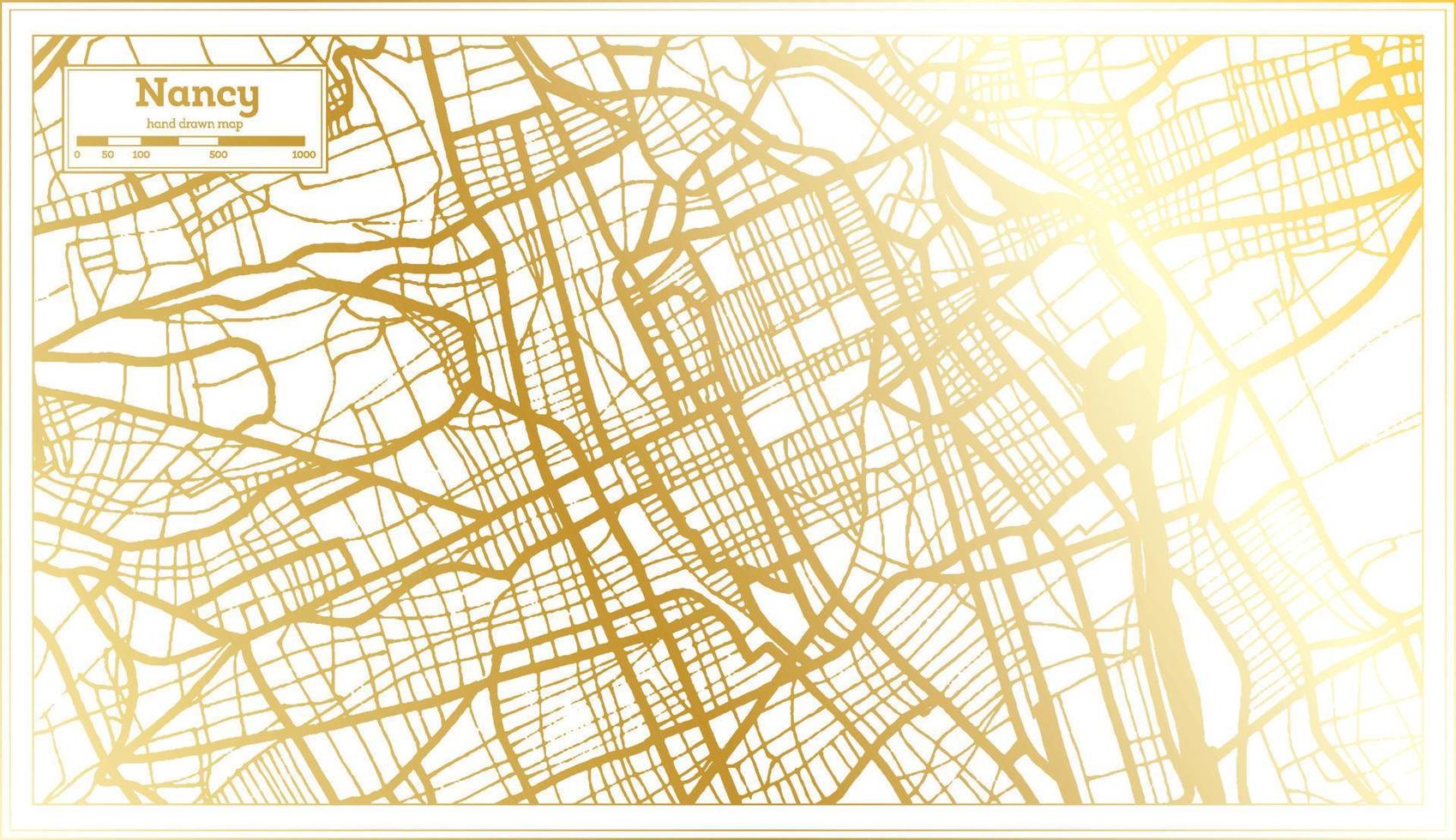 Nancy Frankreich Stadtplan im Retro-Stil in goldener Farbe. Übersichtskarte. vektor