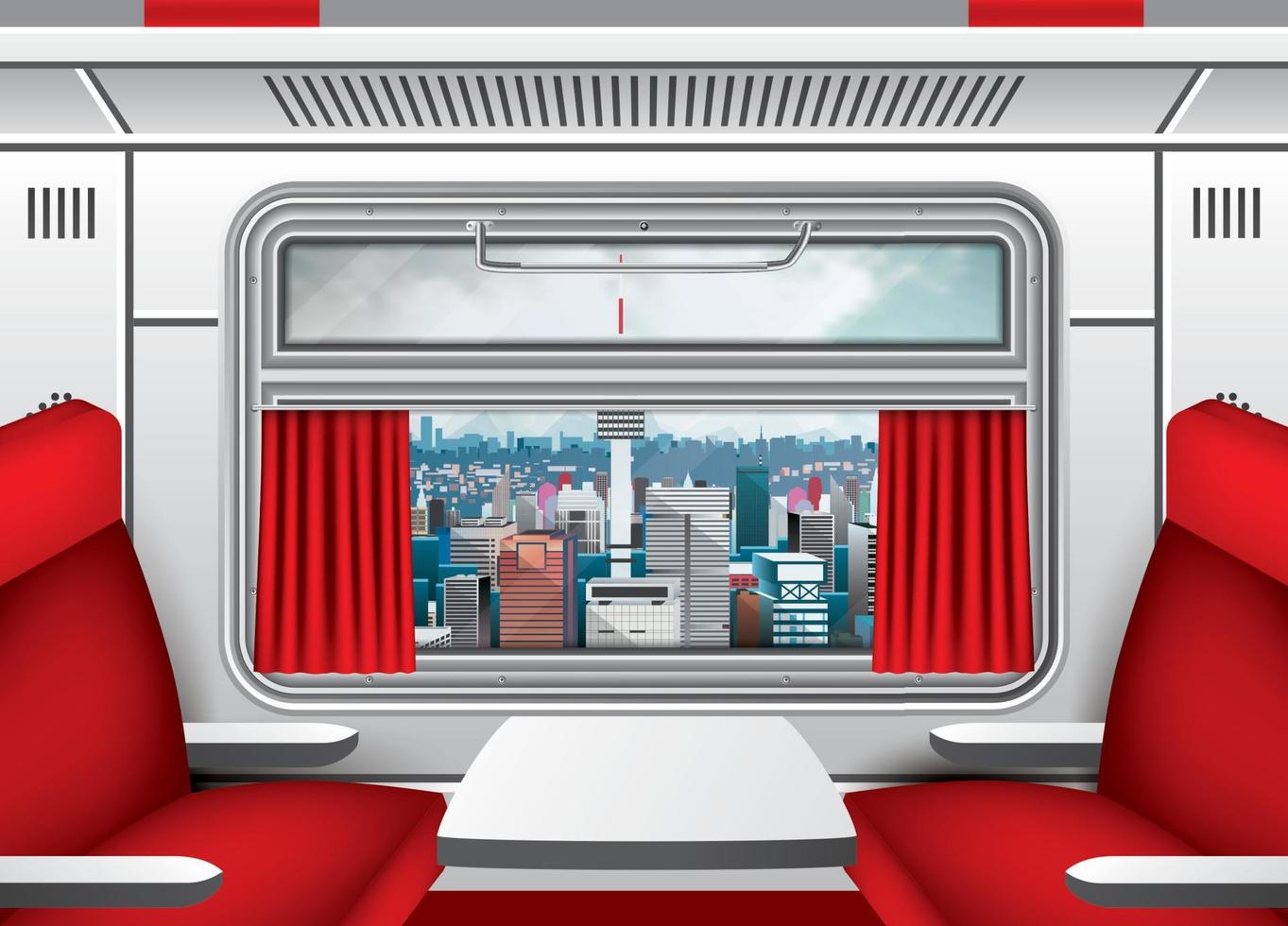Innenraum des Waggons mit Fenster, roten Vorhängen und Sitzen mit Tisch. Skyline der Stadt. Zugreise. vektor