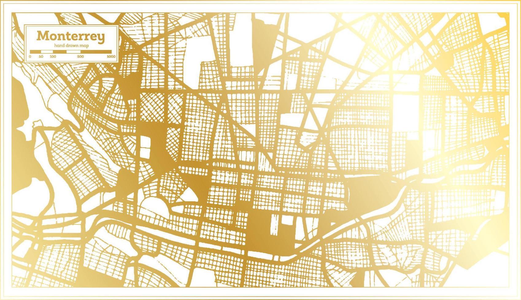 monterrey mexiko stadtplan im retro-stil in goldener farbe. Übersichtskarte. vektor