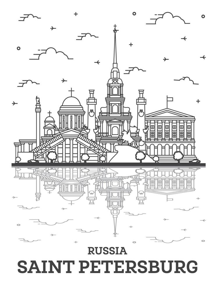 översikt helgon petersburg ryssland stad horisont med historisk byggnader och reflektioner isolerat på vit. vektor