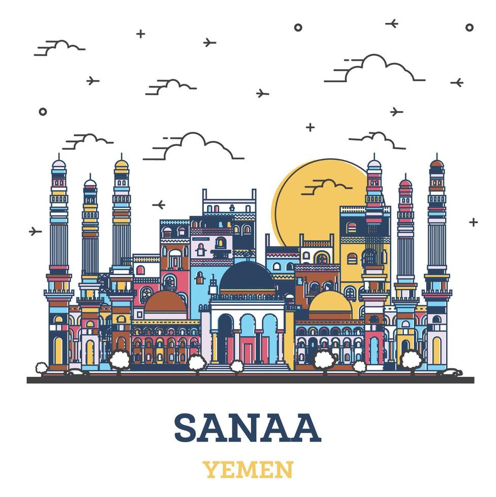 skizzieren sie die skyline der stadt sanaa jemen mit farbigen historischen gebäuden, die auf weiß isoliert sind. vektor