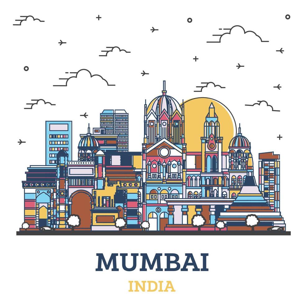 skizzieren sie die skyline von mumbai indien mit farbigen historischen gebäuden, die auf weiß isoliert sind. vektor