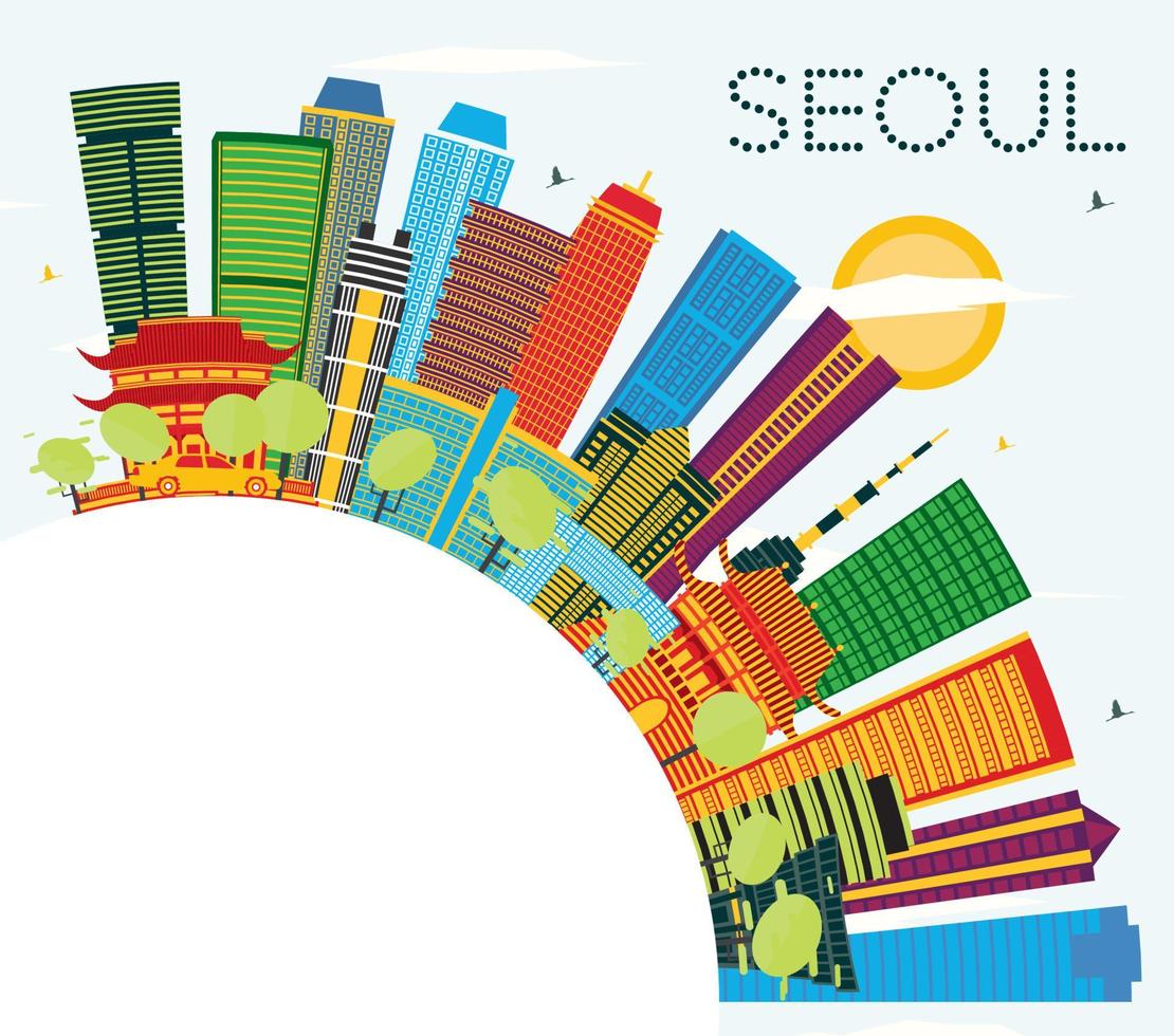 seoul söder korea stad horisont med Färg byggnader, blå himmel och kopia Plats. vektor
