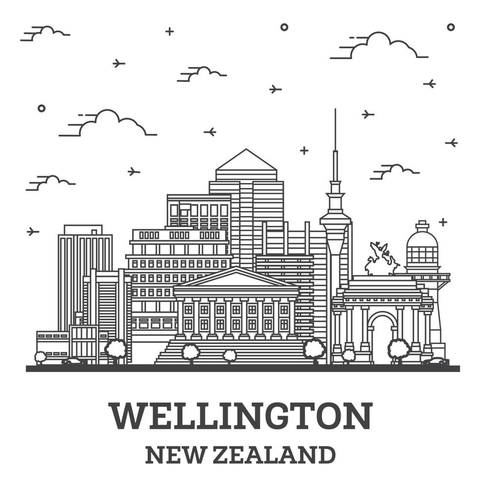 översikt wellington ny zealand stad horisont med modern och historisk byggnader isolerat på vit. vektor