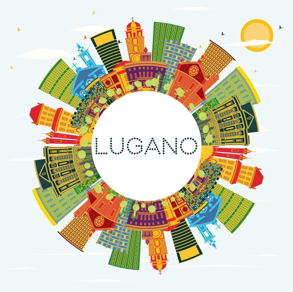 lugano schweiz horisont med Färg byggnader, blå himmel och kopia Plats. vektor