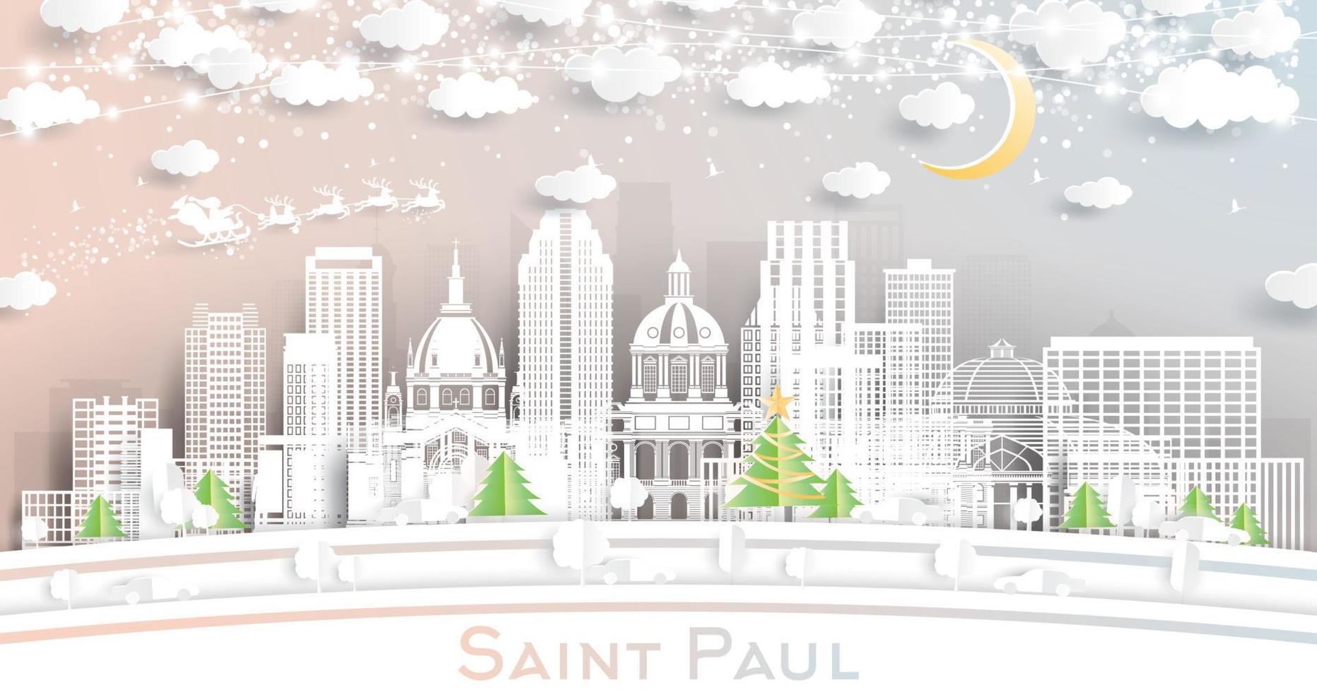saint paul minnesota city skyline im papierschnittstil mit schneeflocken, mond und neongirlande. vektor