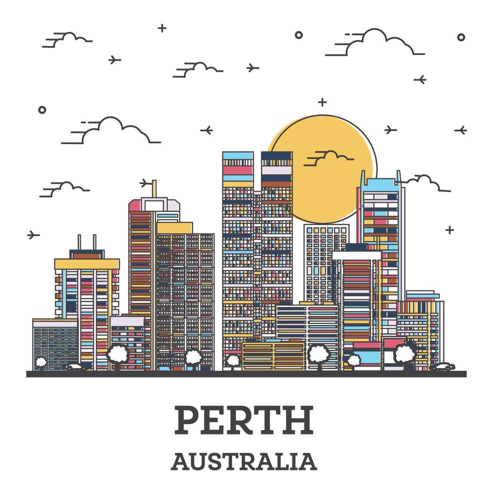 skizzieren sie die skyline der stadt perth australien mit farbigen modernen gebäuden, die auf weiß isoliert sind. vektor