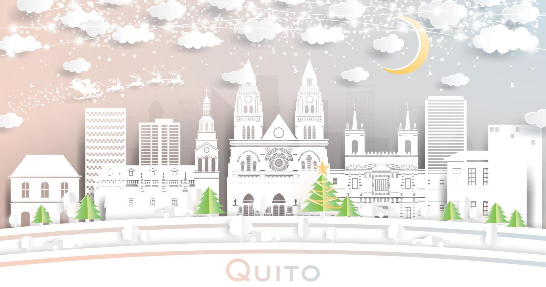 quito ecuador stad horisont i papper skära stil med snöflingor, måne och neon krans. vektor