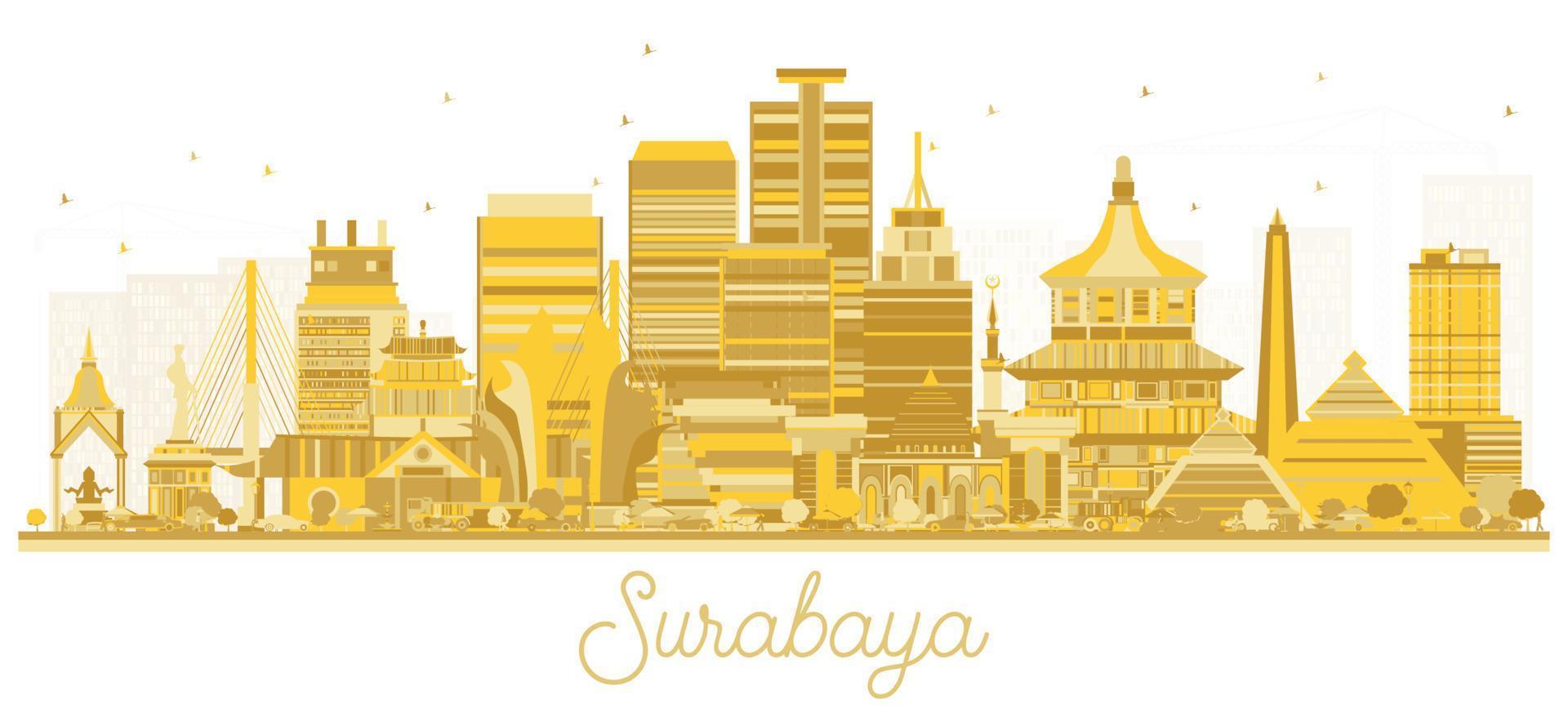 surabaya indonesien stadtskyline mit goldenen gebäuden isoliert auf weiß. vektor