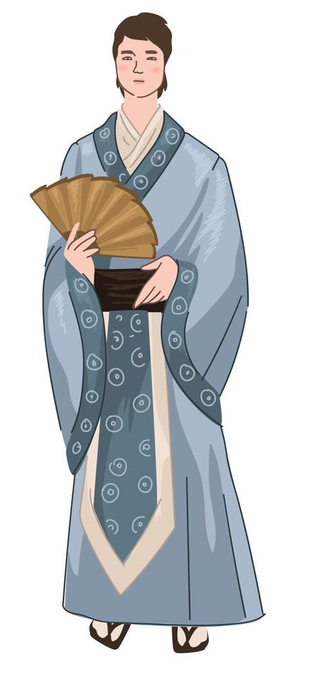 japanischer mann, der traditionellen kimono trägt, der fächer hält vektor