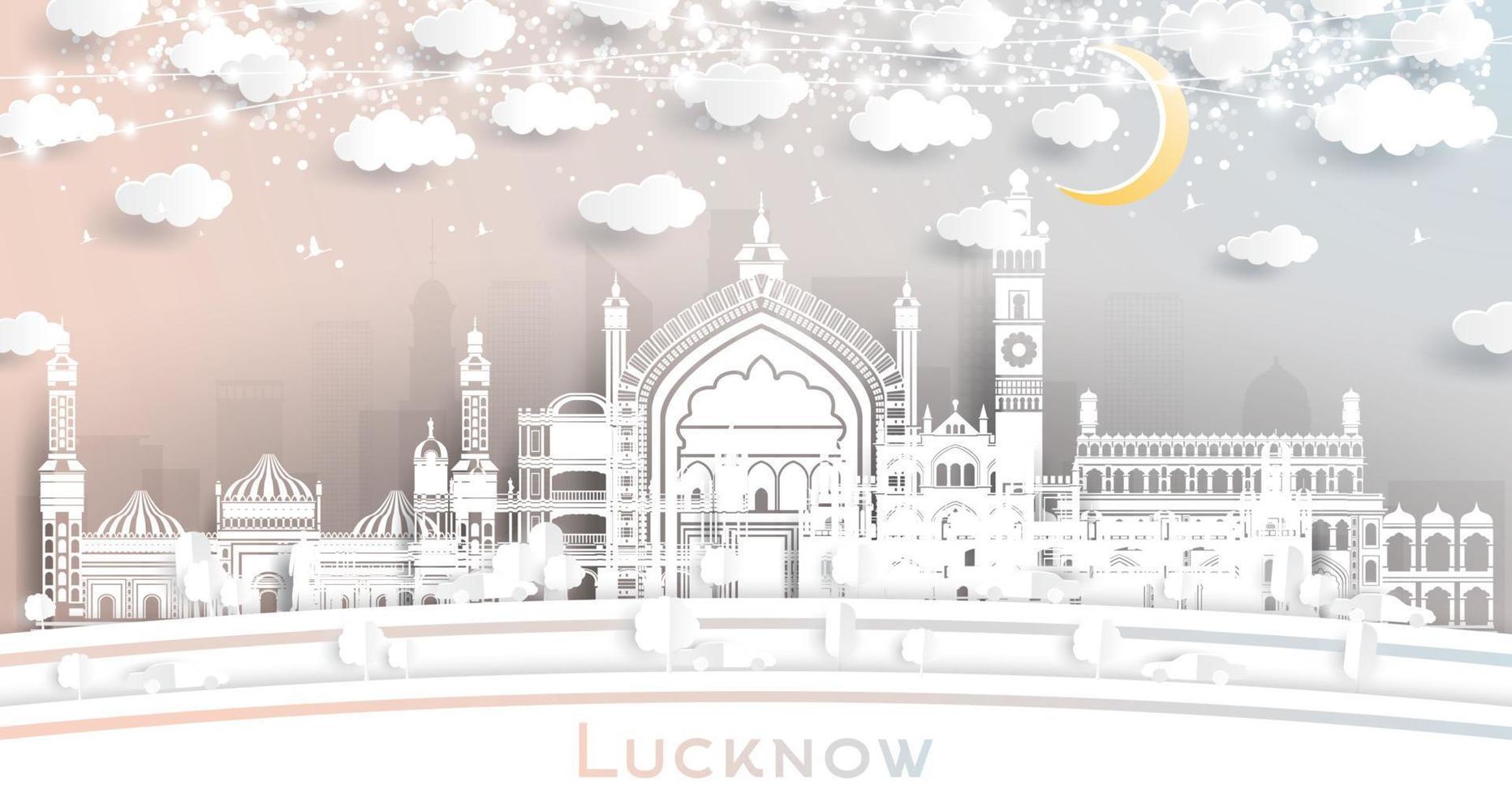 Lucknow India City Skyline im Papierschnittstil mit weißen Gebäuden, Mond und Neongirlande. vektor