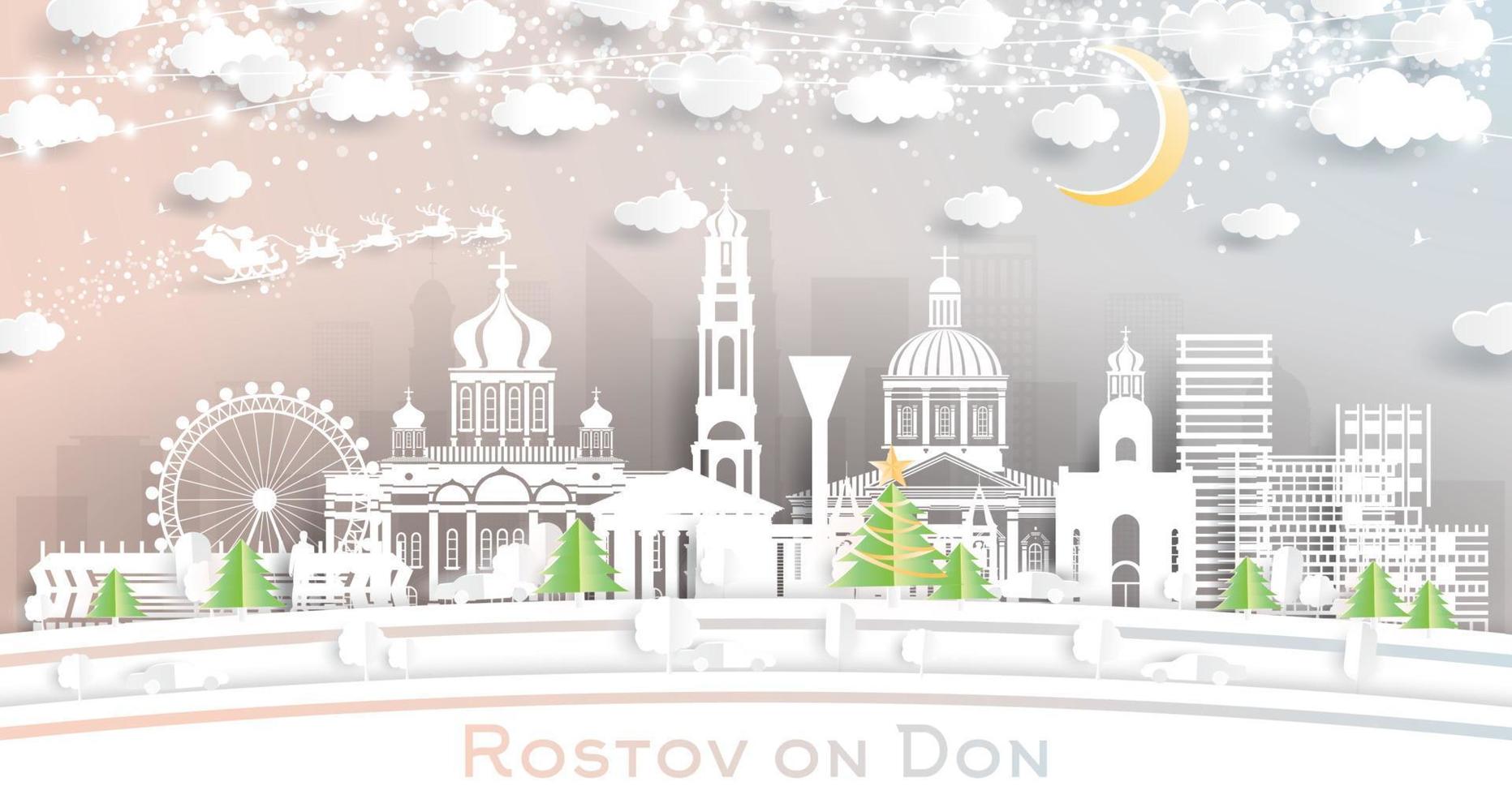 rostov-on-don russland stadtskyline im papierschnittstil mit schneeflocken, mond und neongirlande. vektor