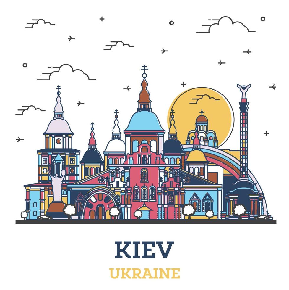 skizzieren sie die skyline der stadt kiew ukraine mit farbigen historischen gebäuden, die auf weiß isoliert sind. vektor
