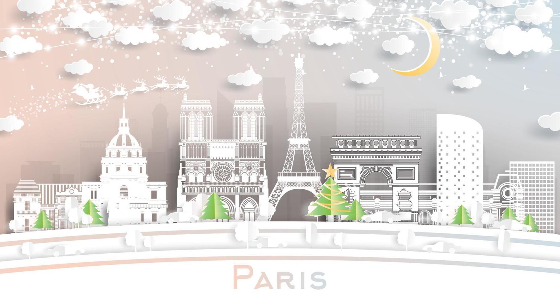 paris Frankrike stad horisont i papper skära stil med snöflingor, måne och neon krans. vektor
