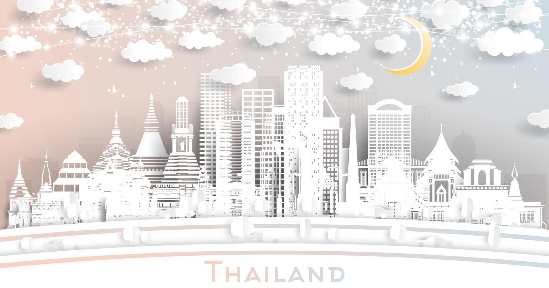 thailand city skyline im papierschnittstil mit weißen gebäuden, mond und neongirlande. vektor