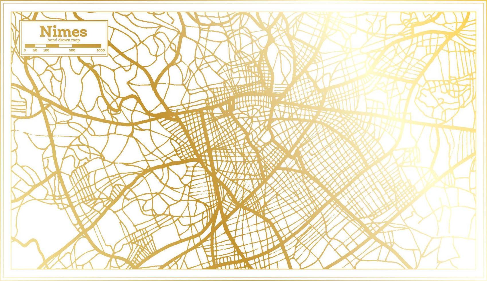 Nimes Frankreich Stadtplan im Retro-Stil in goldener Farbe. Übersichtskarte. vektor